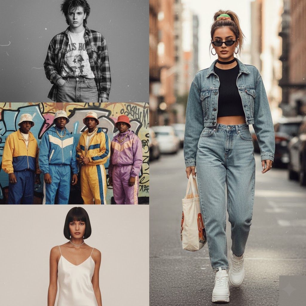 90s Fashion Revival showing Minimalist Slip Dress and Grunge Flannel